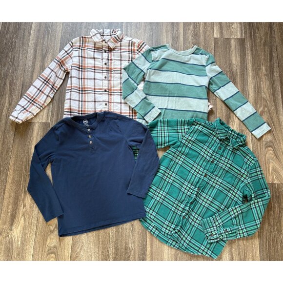 BOYS BUNDLE 4 PCS LONG SLEEVE SHIRTS CASUAL FRONT BUTTONS PLAID FLANNEL L 10-12 - Picture 1 of 6